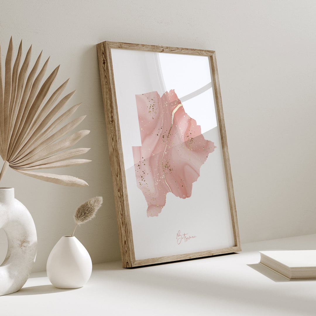 Botswana Map Pink and Gold Wall Art Print