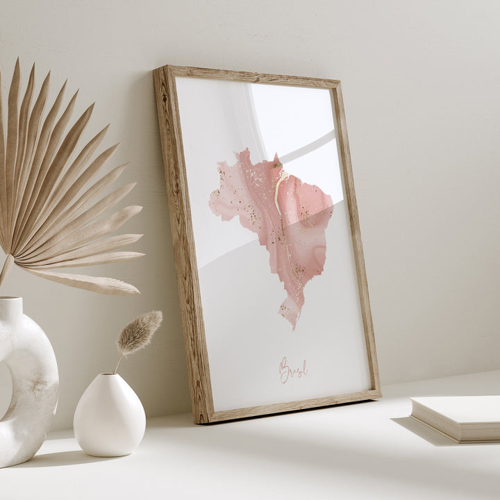 Brazil Map Pink and Gold Wall Art Print