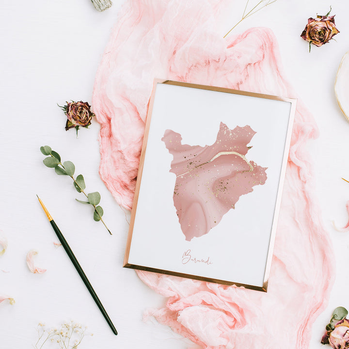 Burundi Map Pink and Gold Wall Art Print
