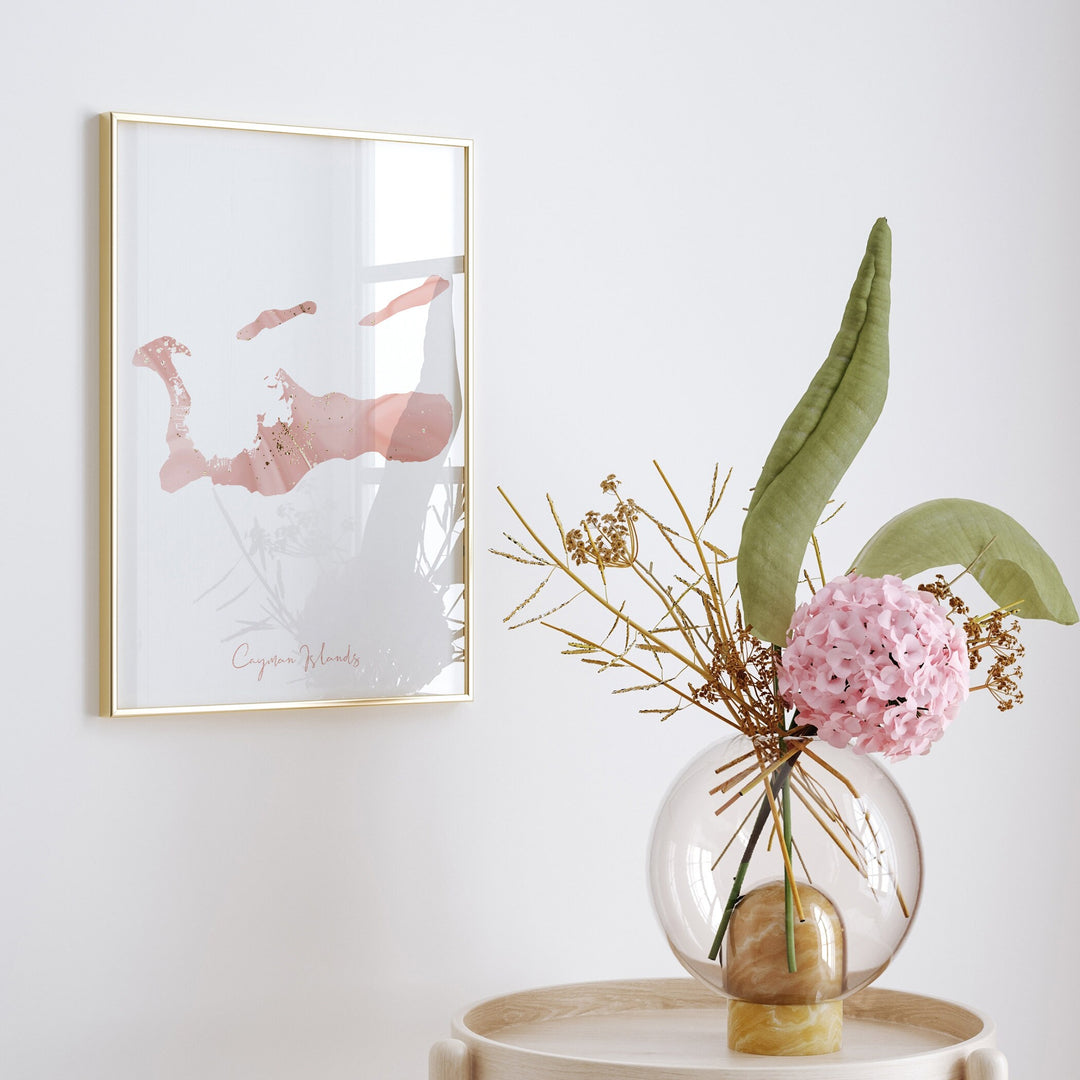 Cayman Islands Map Pink and Gold Wall Art Print