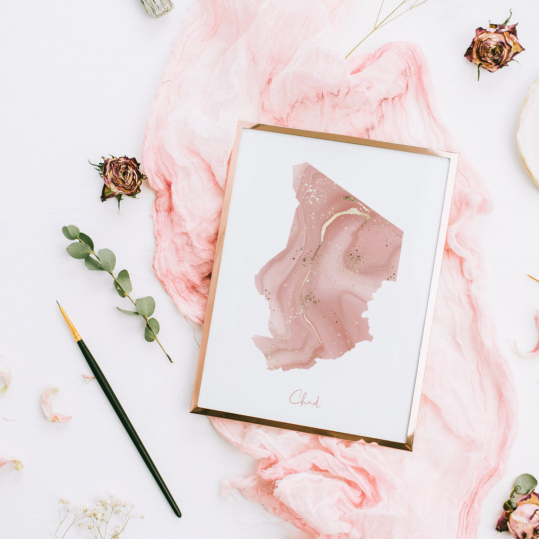 Chad Map Pink and Gold Wall Art Print