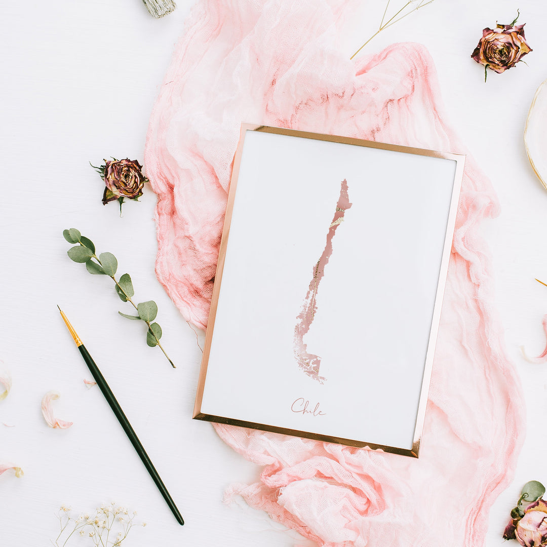 Chile Map Pink and Gold Wall Art Print