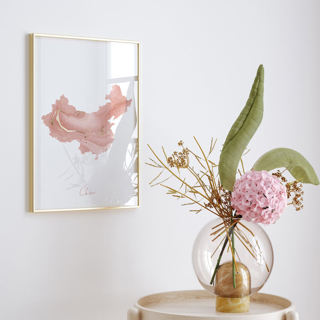 China Map Pink and Gold Wall Art Print