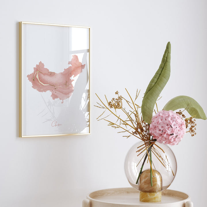 China Map Pink and Gold Wall Art Print