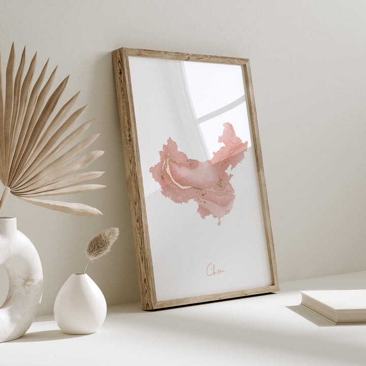 China Map Pink and Gold Wall Art Print