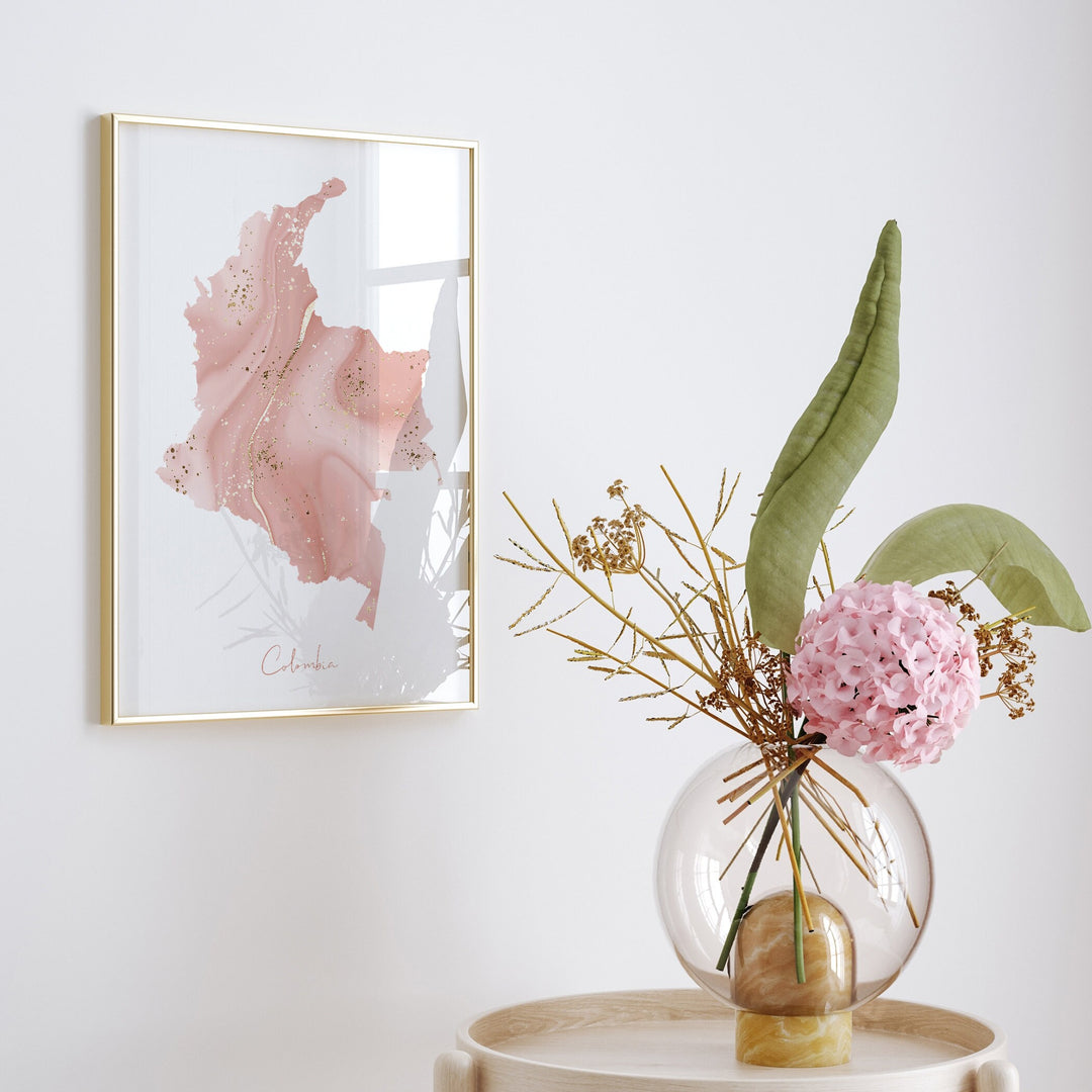 Colombia Map Pink and Gold Wall Art Print