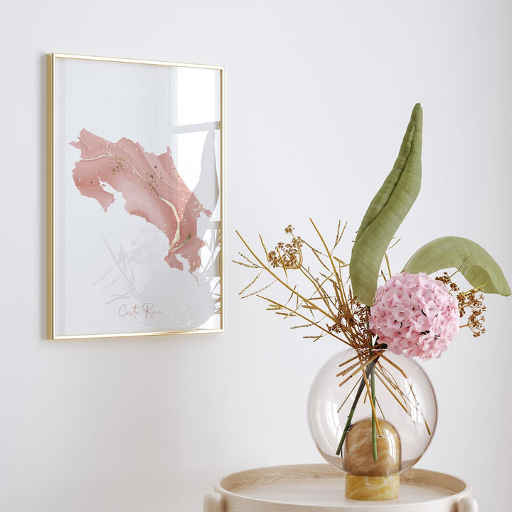 Costa Rica Map Pink and Gold Wall Art Print