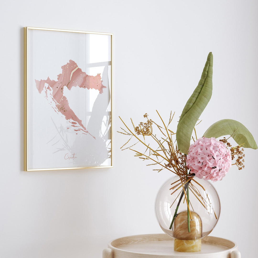 Croatia Map Pink and Gold Wall Art Print