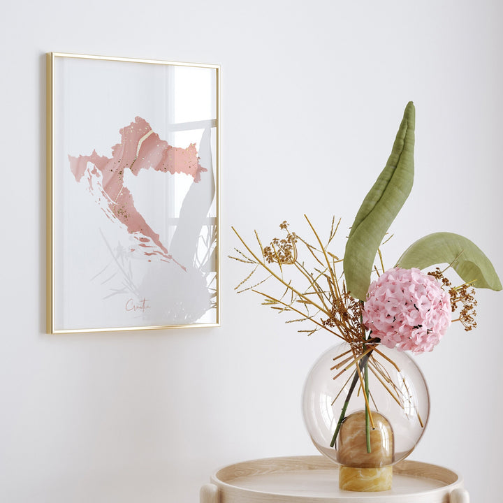 Croatia Map Pink and Gold Wall Art Print