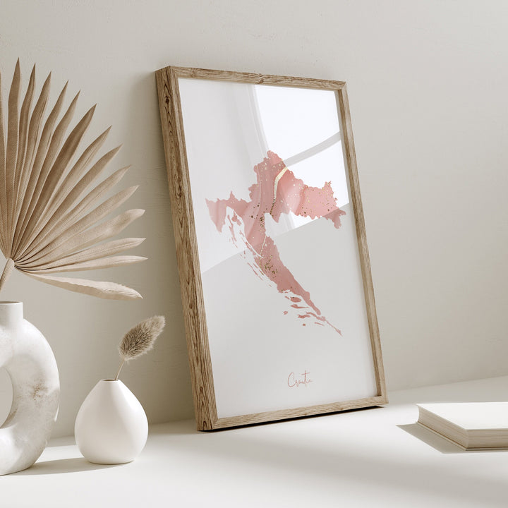 Croatia Map Pink and Gold Wall Art Print