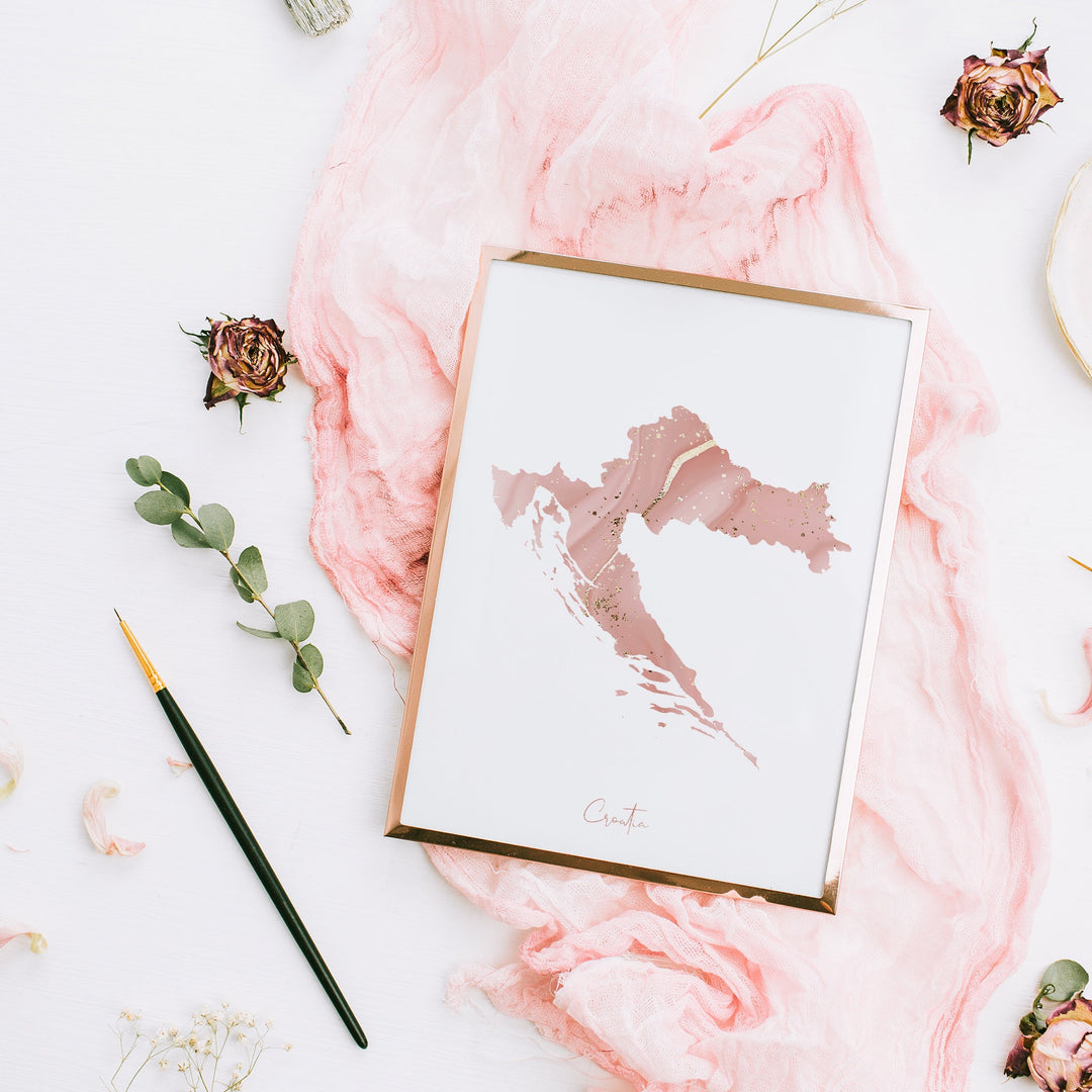 Croatia Map Pink and Gold Wall Art Print