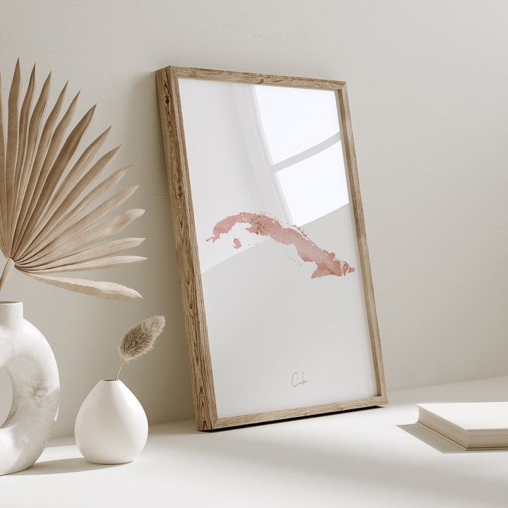 Cuba Map Pink and Gold Wall Art Print