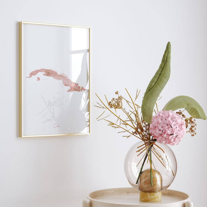 Cuba Map Pink and Gold Wall Art Print