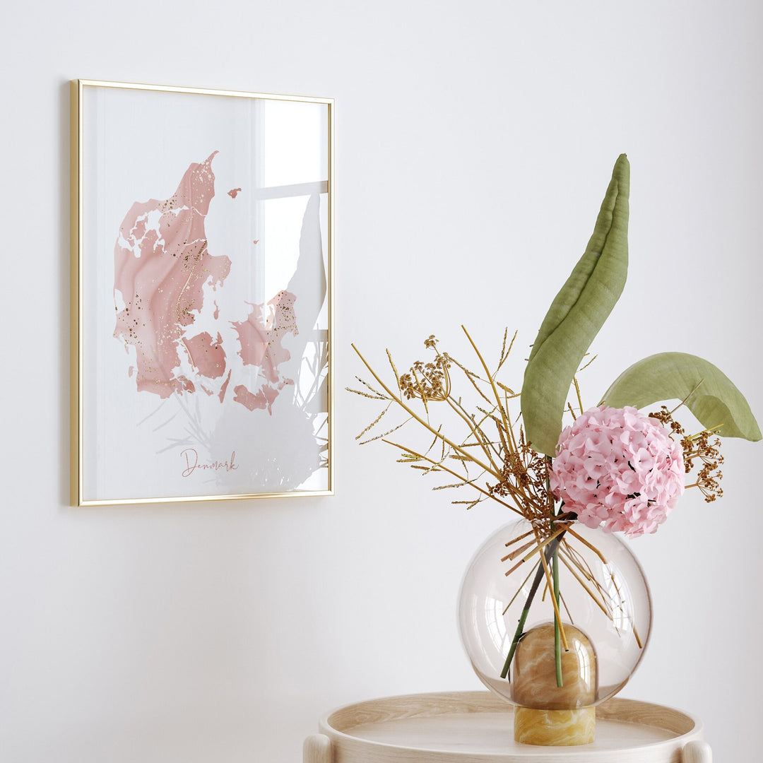 Denmark Map Pink and Gold Wall Art Print