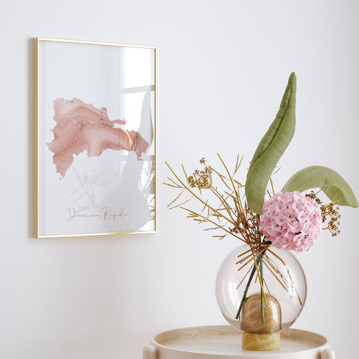 Dominican Republic Map Pink and Gold Wall Art Print