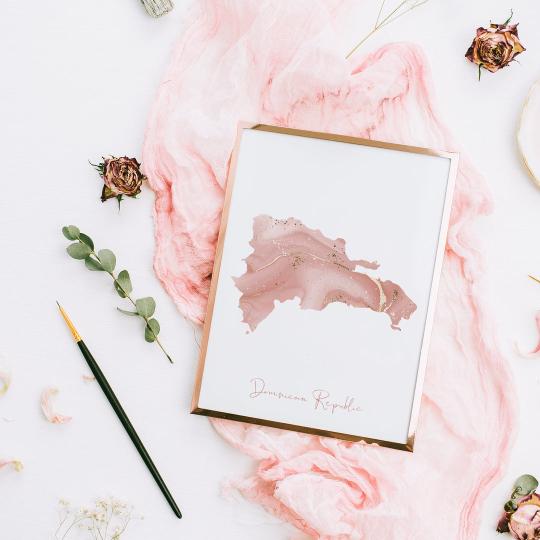 Dominican Republic Map Pink and Gold Wall Art Print