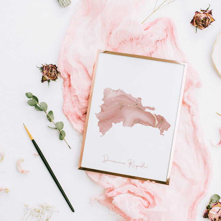 Dominican Republic Map Pink and Gold Wall Art Print