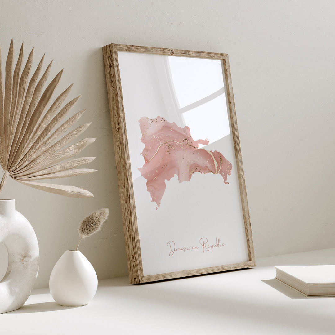 Dominican Republic Map Pink and Gold Wall Art Print