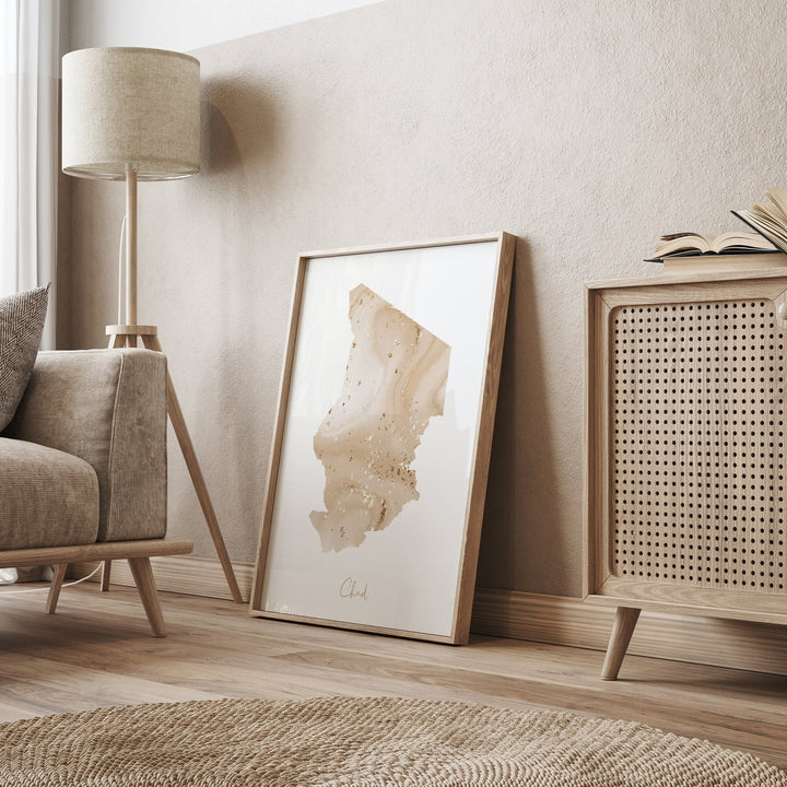 Chad Map Beige & Gold Wall Art Print