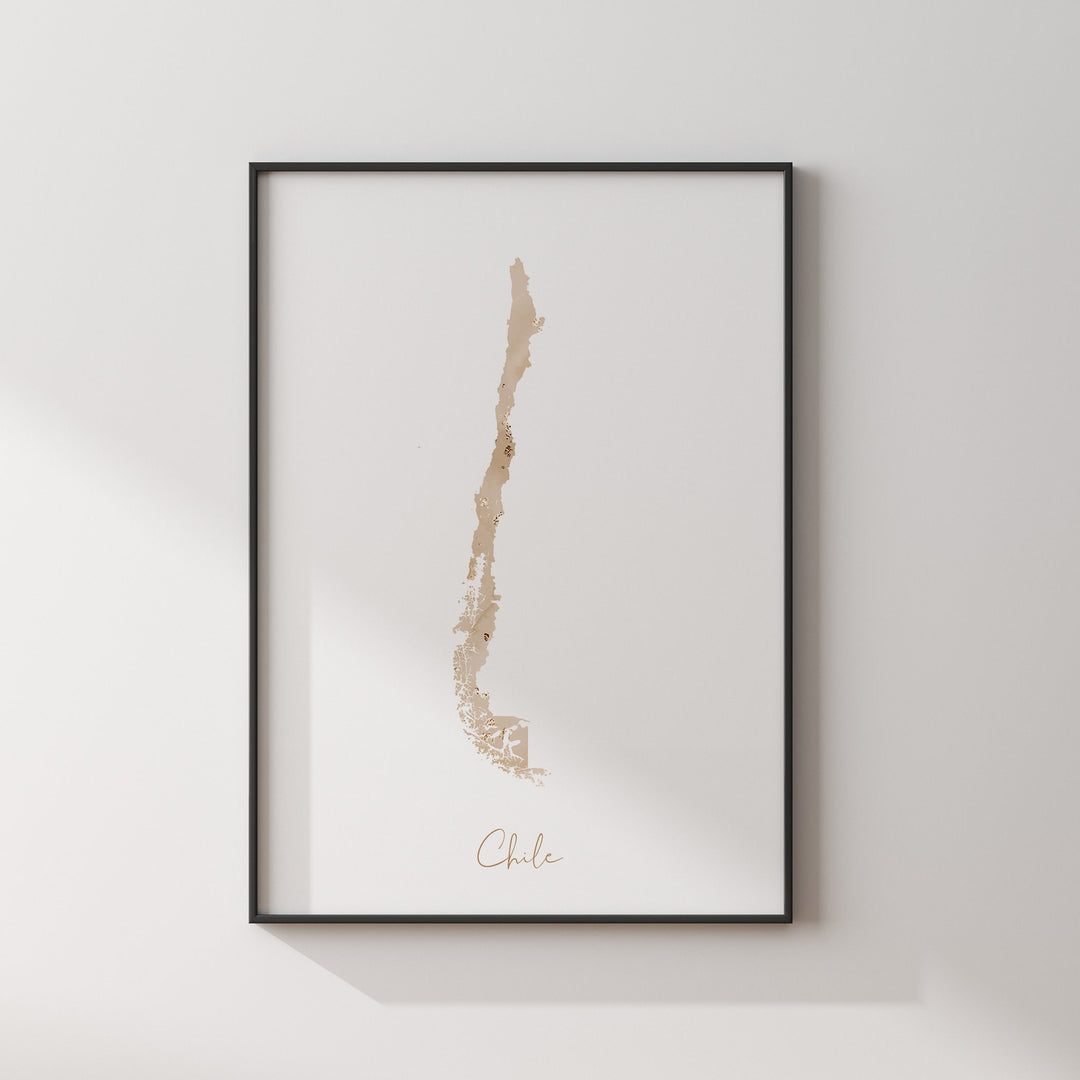 Chile Map Beige & Gold Wall Art Print