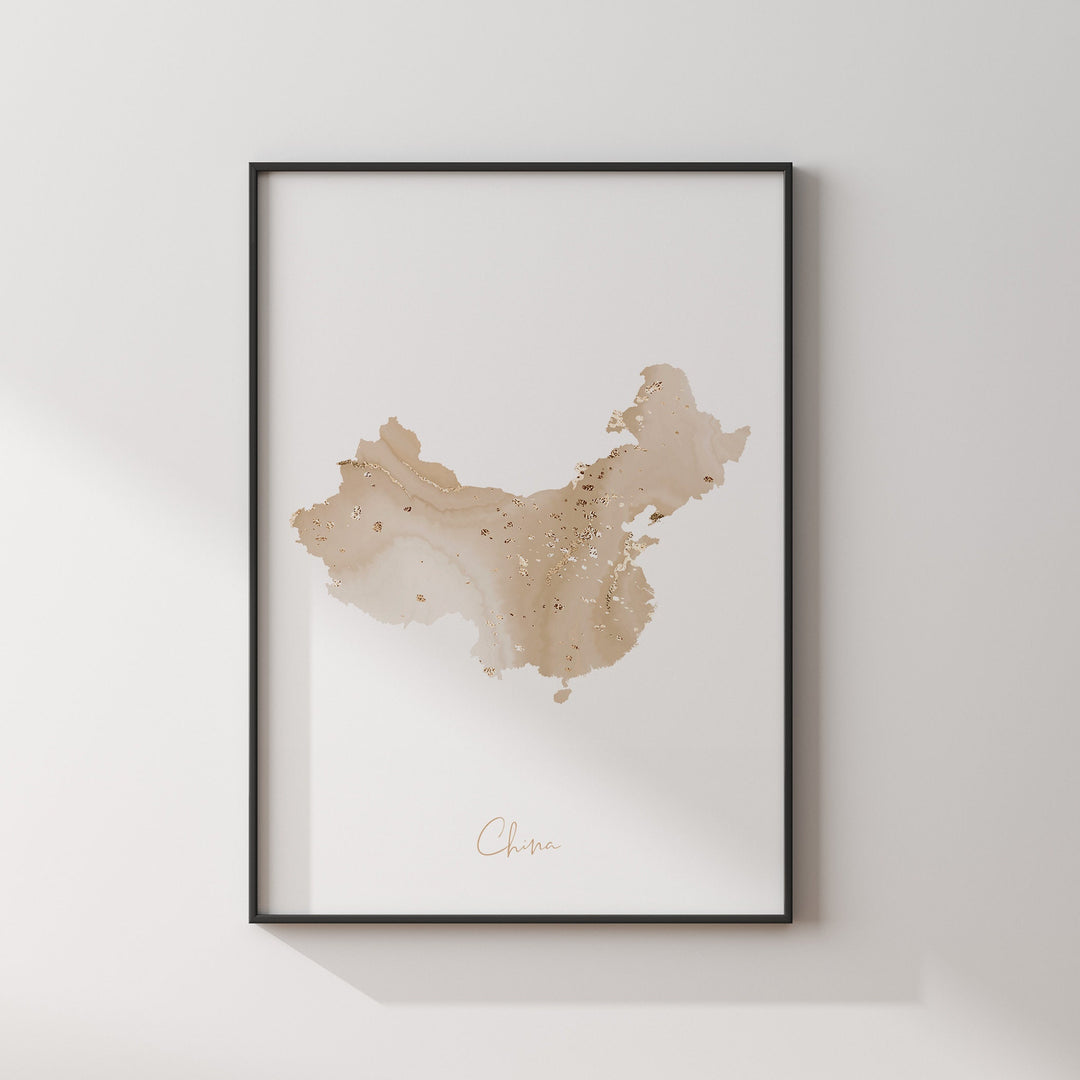 Chile Map Beige & Gold Wall Art Print