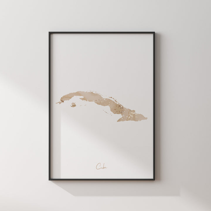 Cuba Map Beige & Gold Wall Art Print