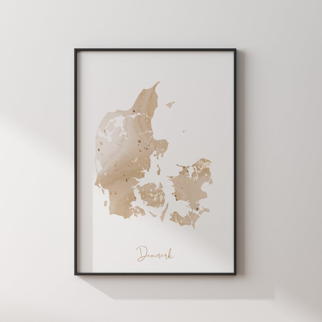 Denmark Map Beige & Gold Wall Art Print