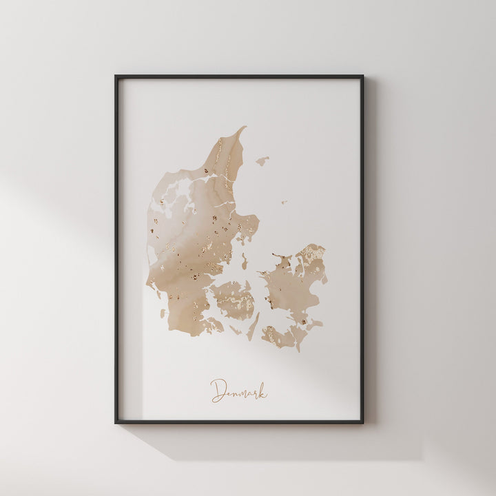 Denmark Map Beige & Gold Wall Art Print