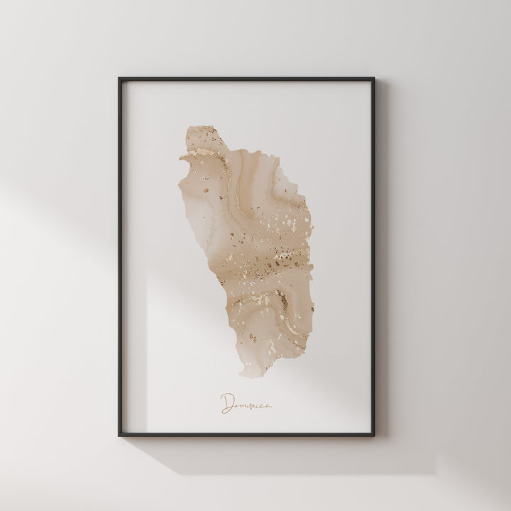 Dominica Map Beige & Gold Wall Art Print