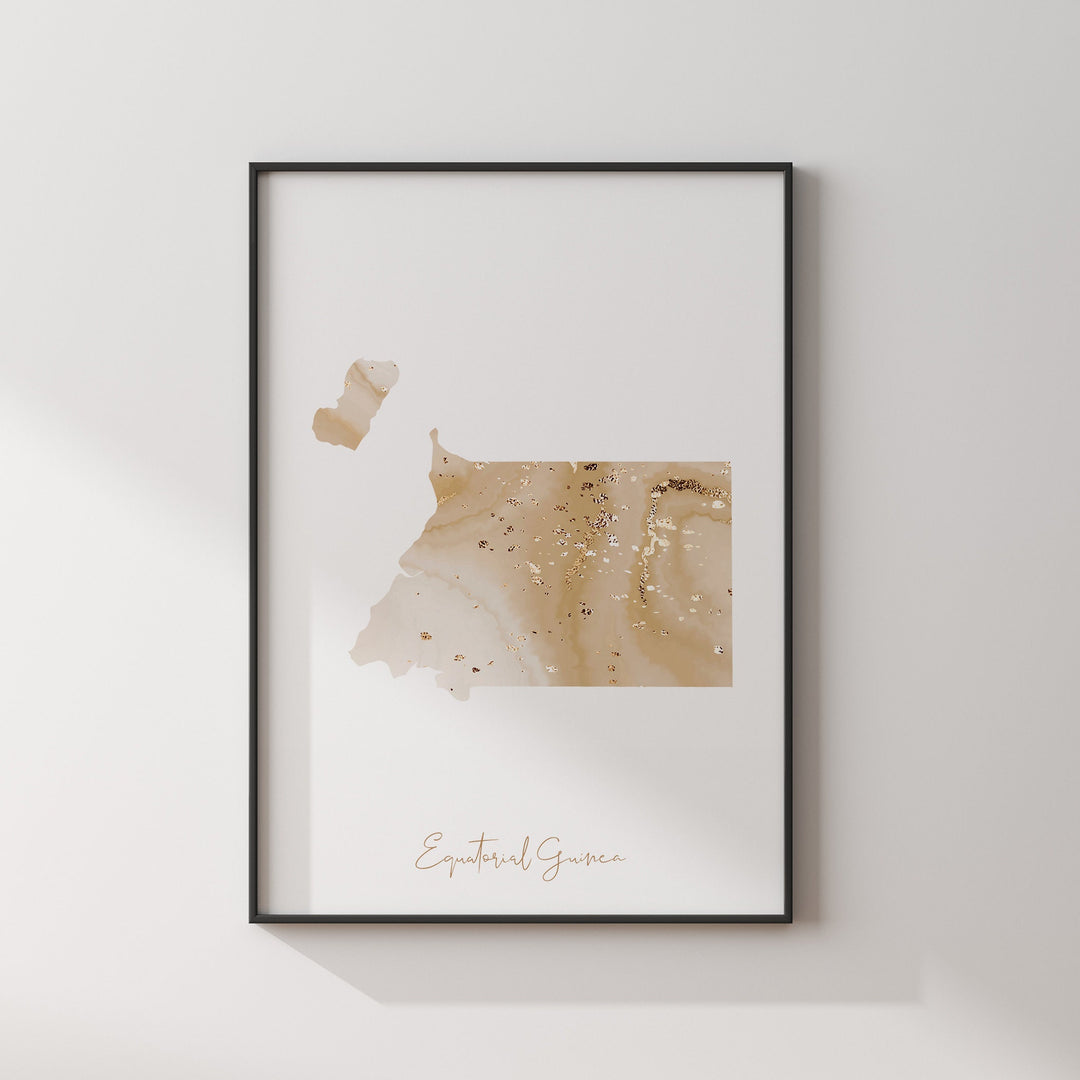 Equatorial Guinea Map Beige & Gold Wall Art Print
