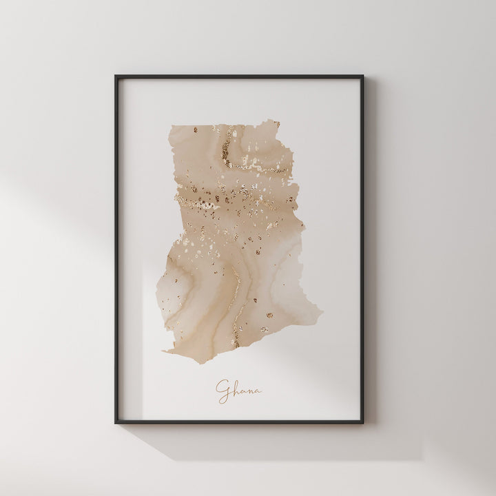 Ghana Map Beige & Gold Wall Art Print