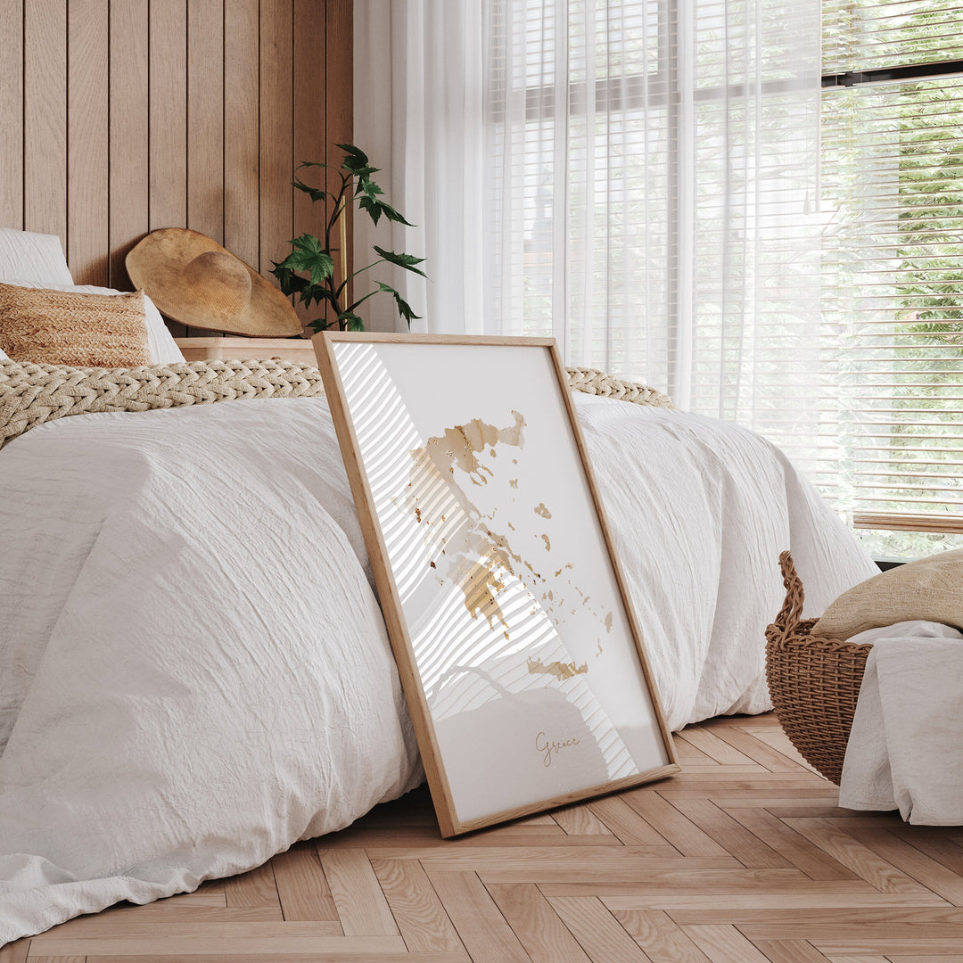 Greece Map Beige & Gold Wall Art Print