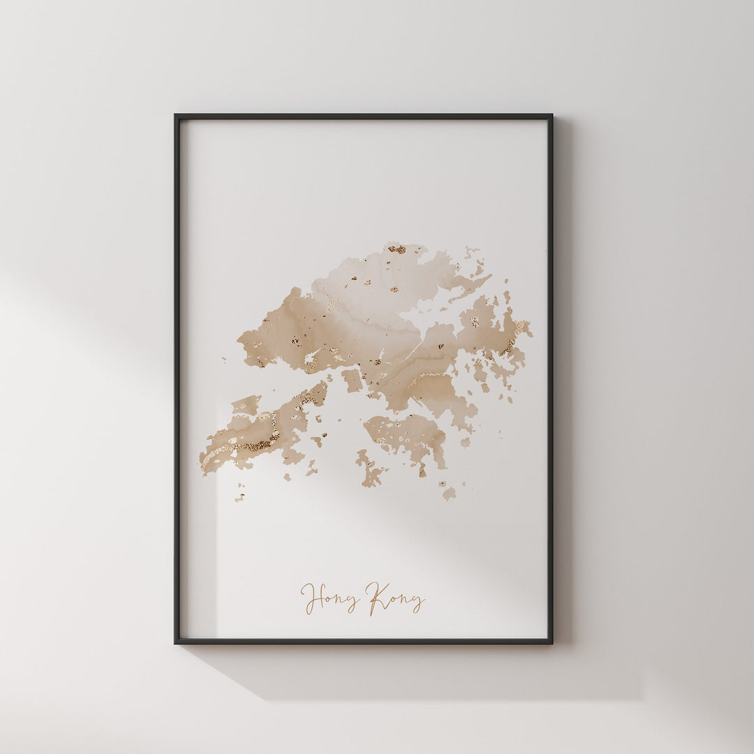 Hong Kong Map Beige & Gold Wall Art Print