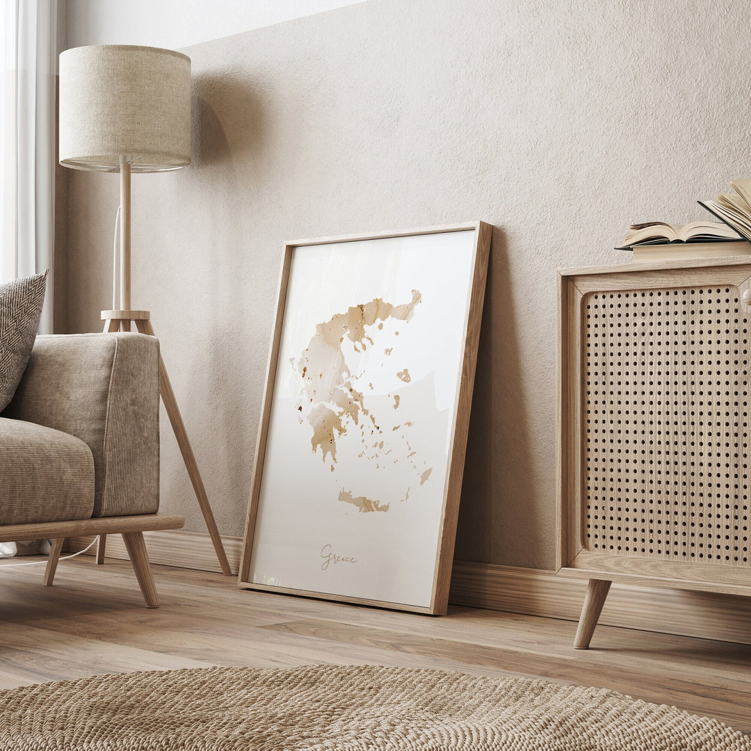Greece Map Beige & Gold Wall Art Print