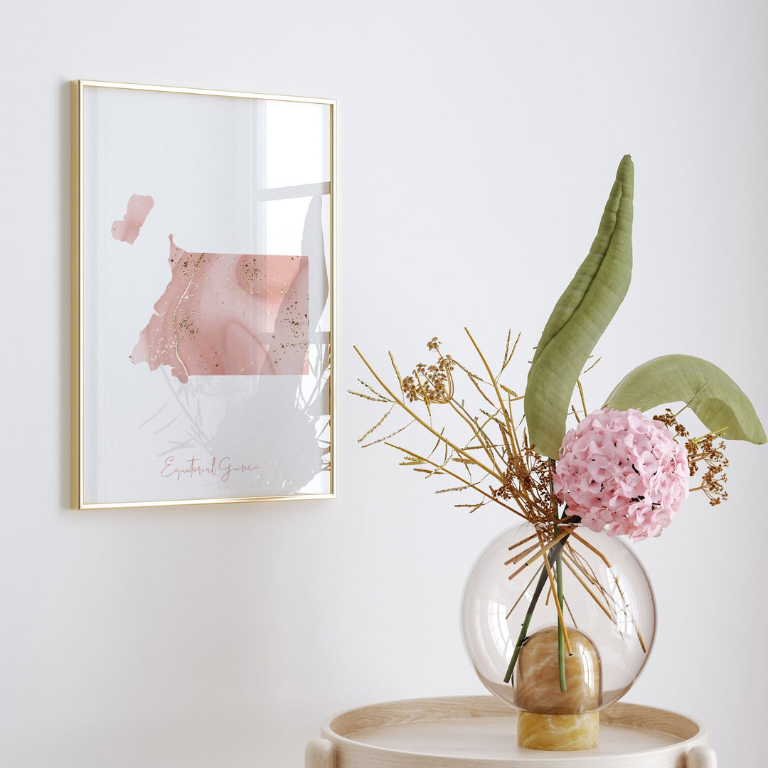 Equatorial Guinea Map Pink and Gold Wall Art Print