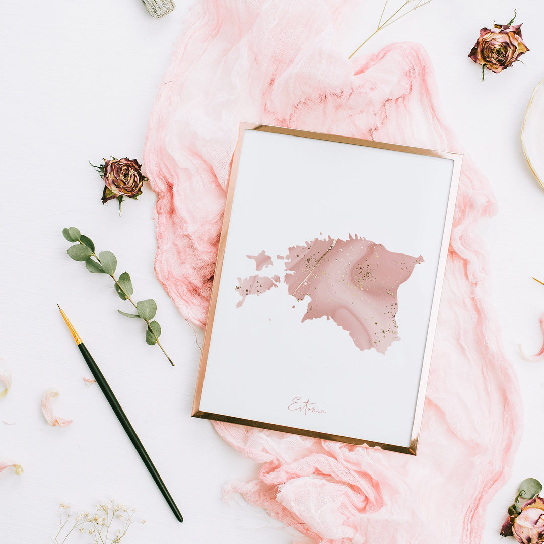 Estonia Map Pink and Gold Wall Art Print