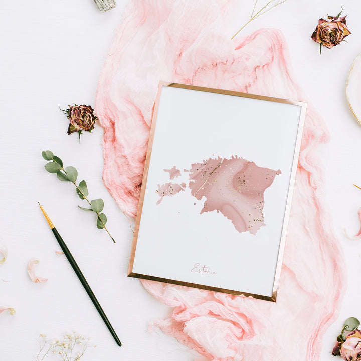 Estonia Map Pink and Gold Wall Art Print