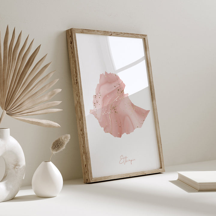 Ethiopia Map Pink and Gold Wall Art Print