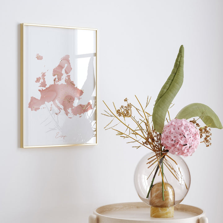 Europe Map Pink and Gold Wall Art Print