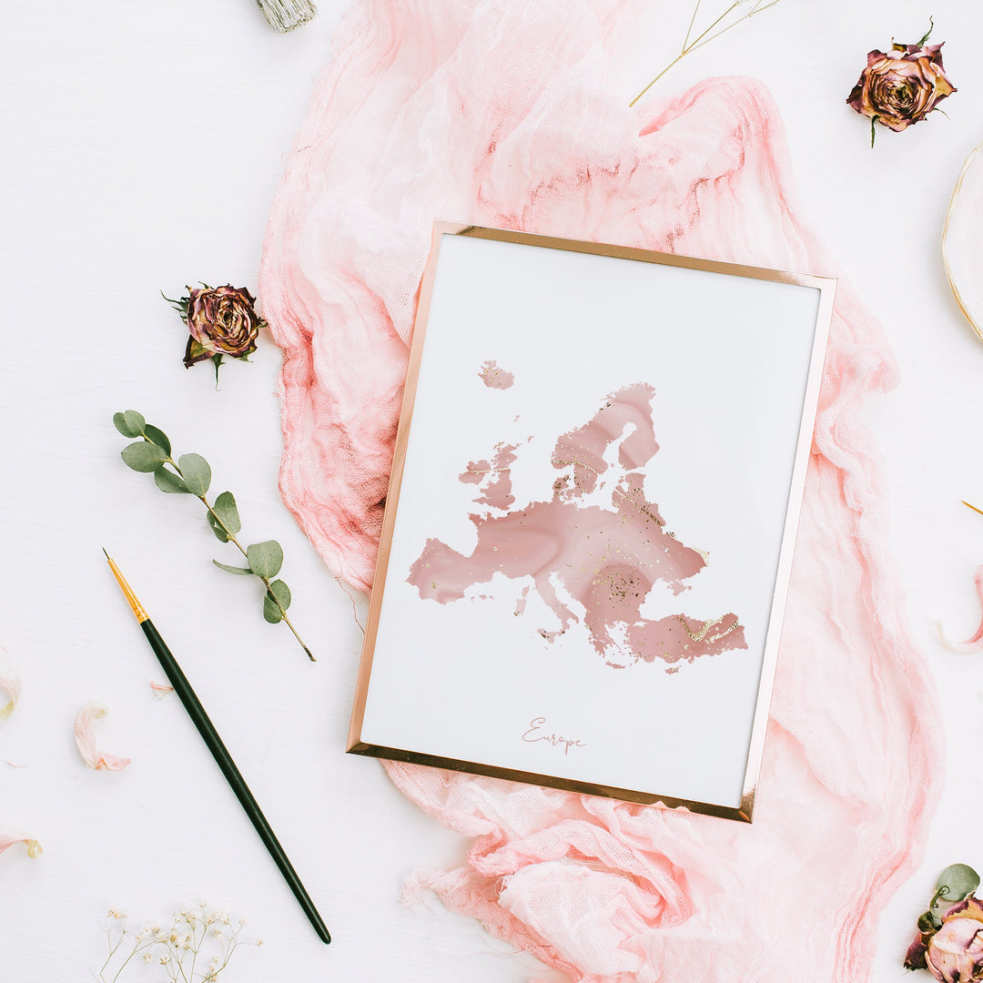 Europe Map Pink and Gold Wall Art Print