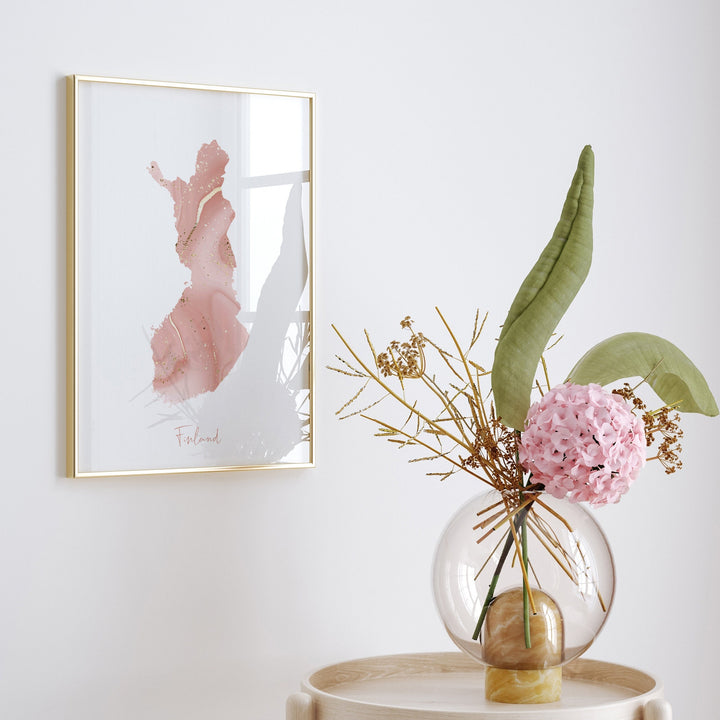 Finland Map Pink and Gold Wall Art Print