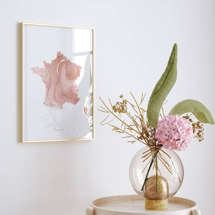 France Map Pink and Gold Wall Art Print