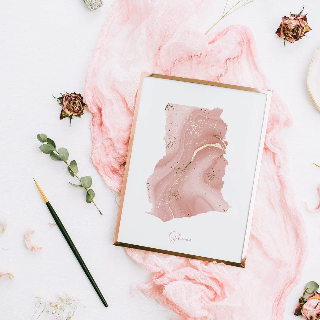 Ghana Map Pink and Gold Wall Art Print