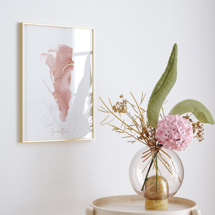 Gibraltar Map Pink and Gold Wall Art Print