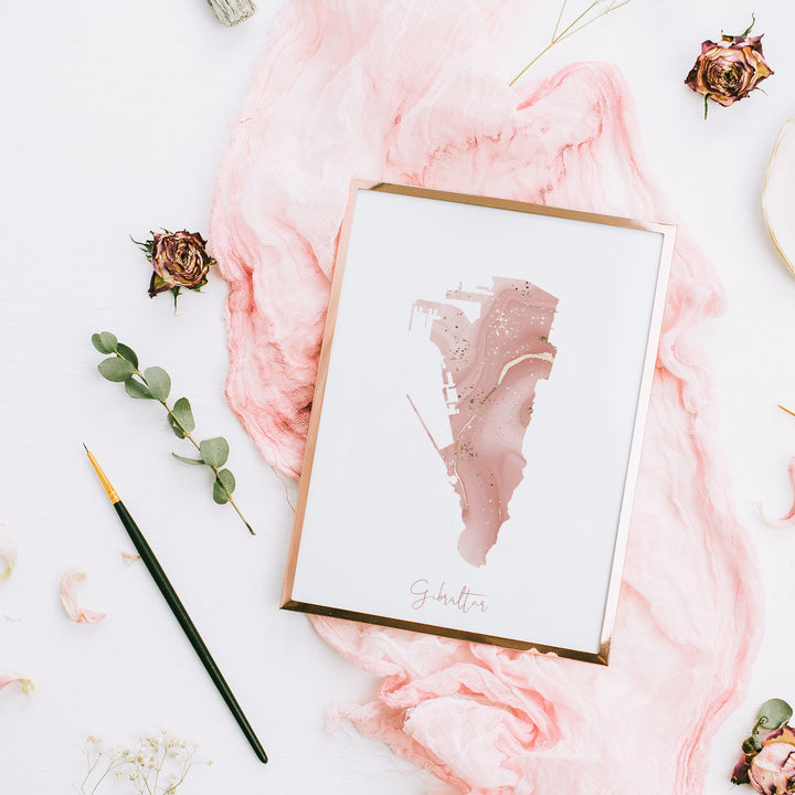 Gibraltar Map Pink and Gold Wall Art Print