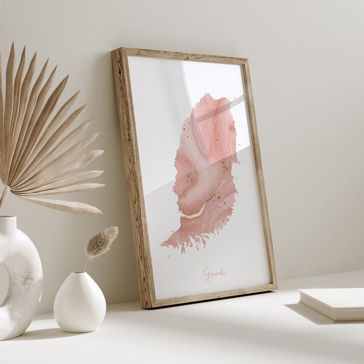 Grenada Map Pink and Gold Wall Art Print