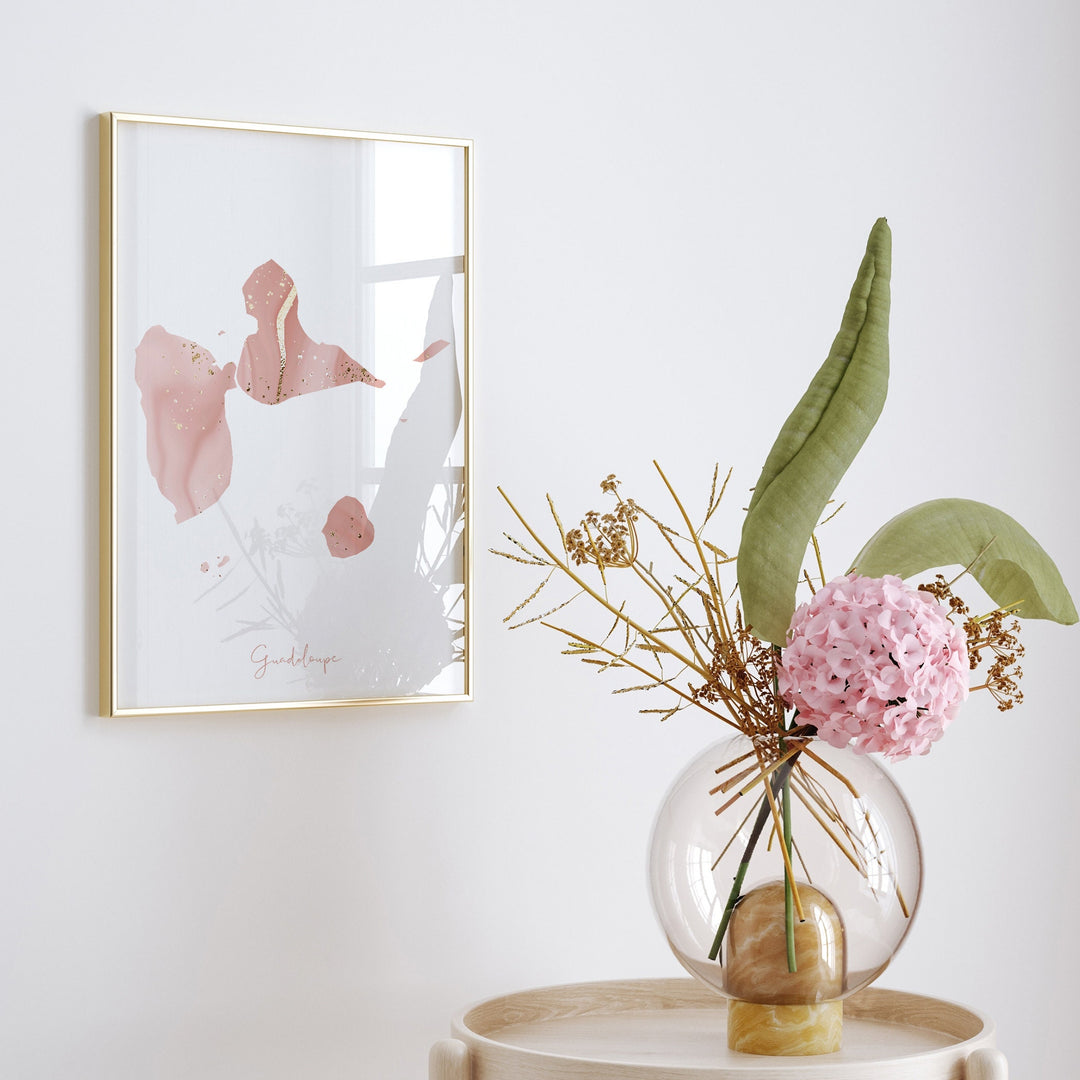 Guadeloupe Map Pink and Gold Wall Art Print