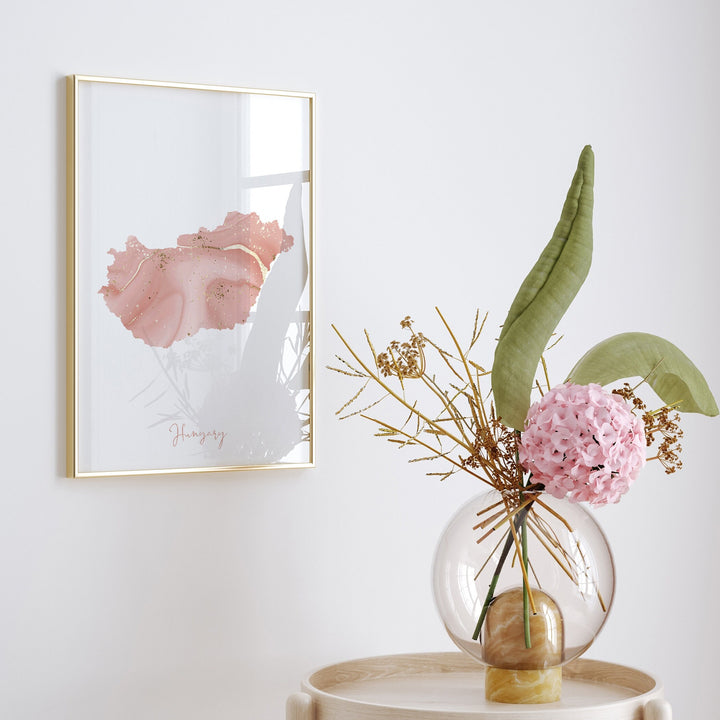 Hungary Map Pink and Gold Wall Art Print