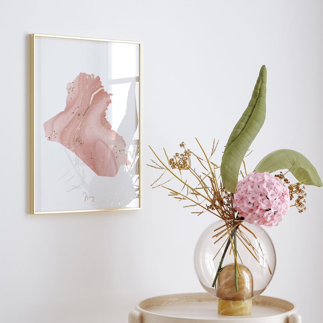 Iraq Map Pink and Gold Wall Art Print