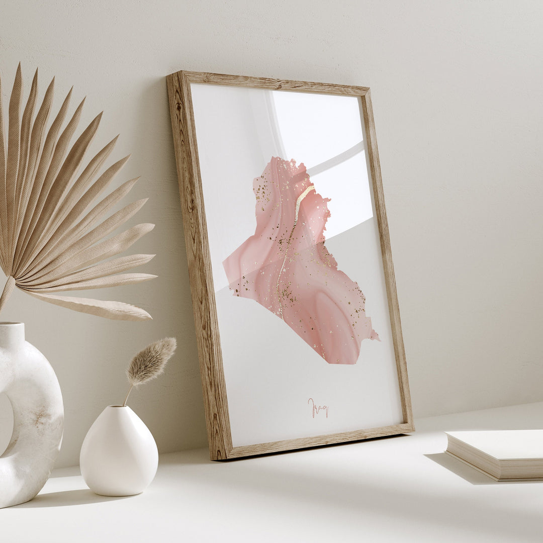 Iraq Map Pink and Gold Wall Art Print